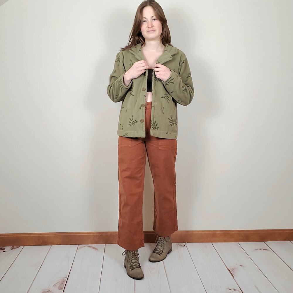 Vintage 90s Y2K Fern Leaf Fleece Cardigan Green Medium - Picture 2 of 9